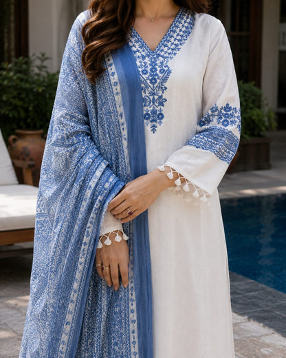 Ivory Blue Meher Katha Cotton Suit Set