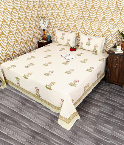 Ivory Blossom Block Print King Size Cotton Bedsheet Set