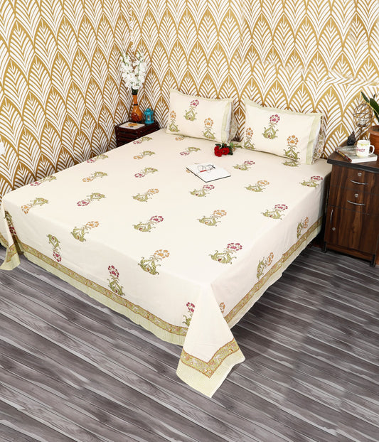 Ivory Blossom Block Print King Size Cotton Bedsheet Set