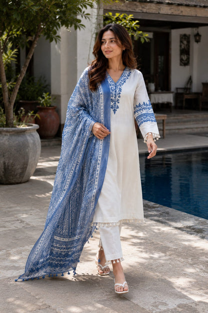 Ivory Blue Meher Katha Cotton Suit Set