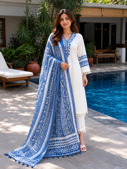 Ivory Blue Meher Katha Cotton Suit Set