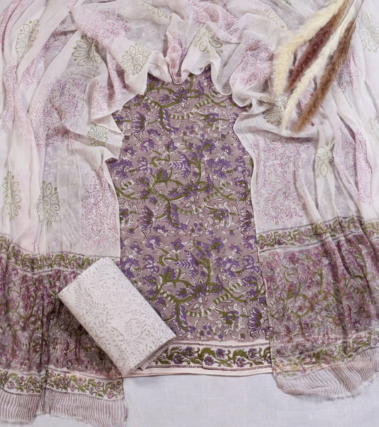 Lavender Gulbahar Cotton Suit with Chiffon Dupatta