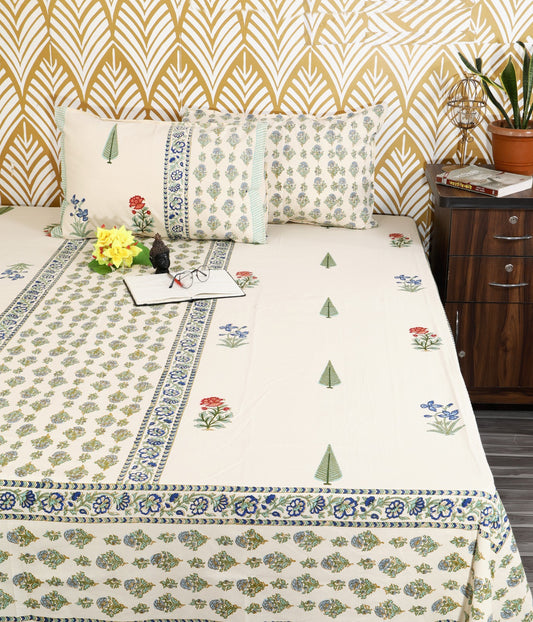 Meadow Bloom Block Print King Size Cotton Bedsheet Set