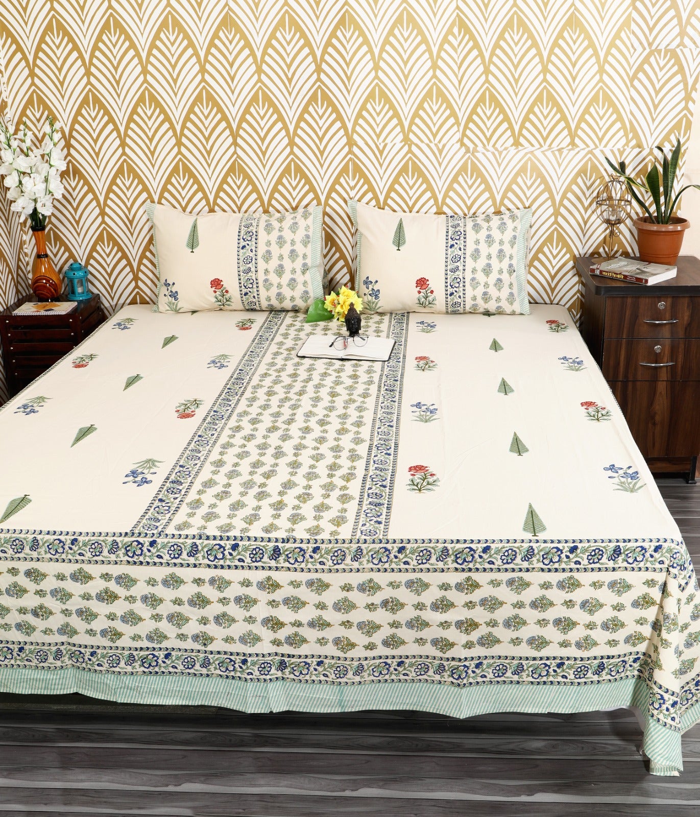 Meadow Bloom Block Print King Size Cotton Bedsheet Set