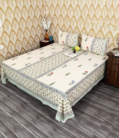 Meadow Bloom Block Print King Size Cotton Bedsheet Set
