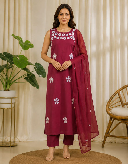 Meher Bloom Wine Embroidered Cotton Suit Set
