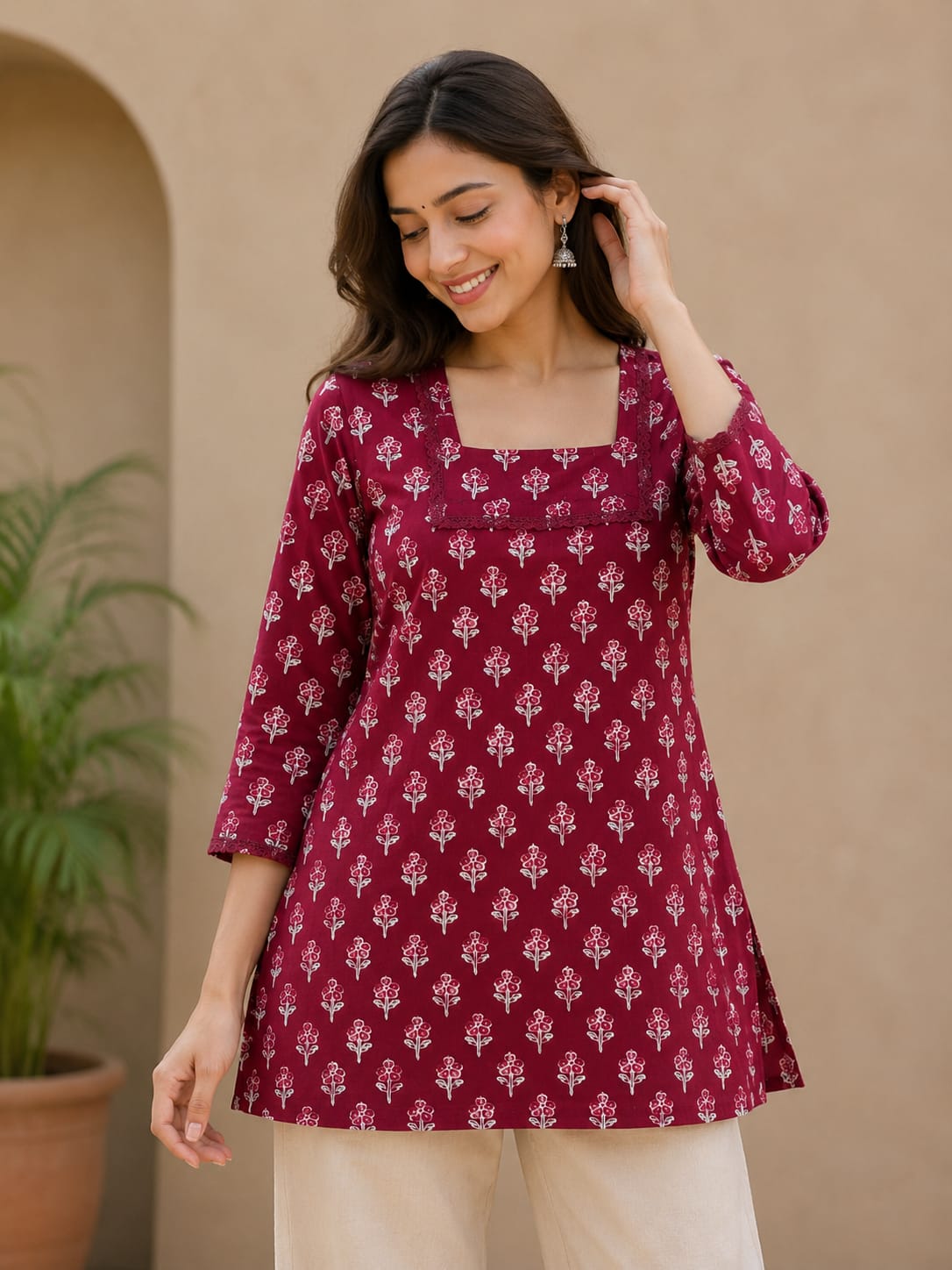 Mehroon Blossom Cotton Short Kurti