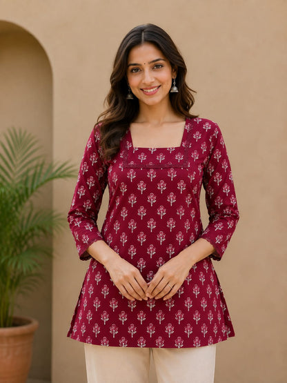 Mehroon Blossom Cotton Short Kurti
