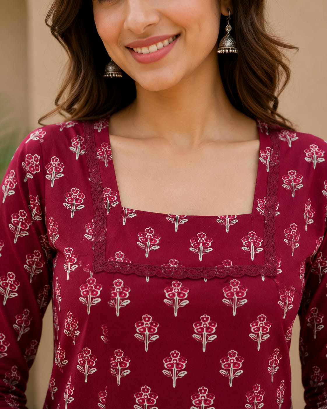Mehroon Blossom Cotton Short Kurti