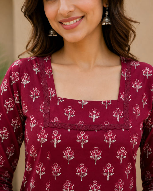 Mehroon Blossom Cotton Short Kurti