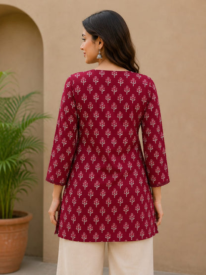 Mehroon Blossom Cotton Short Kurti