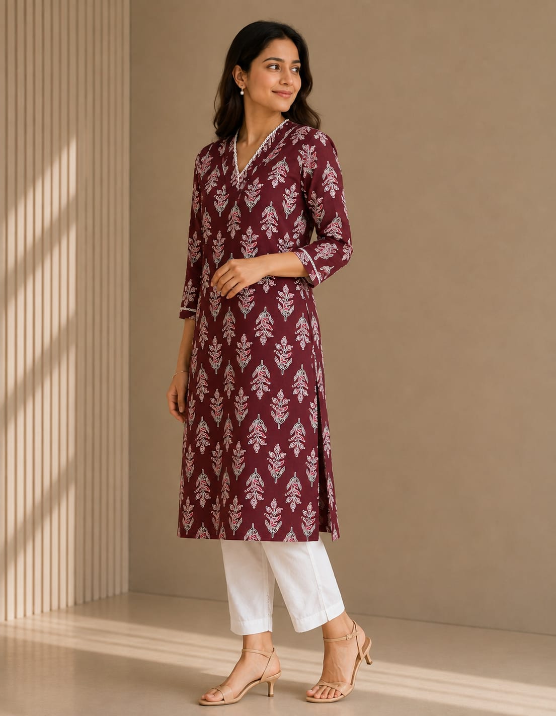 Mehroon Buta Cotton Kurti