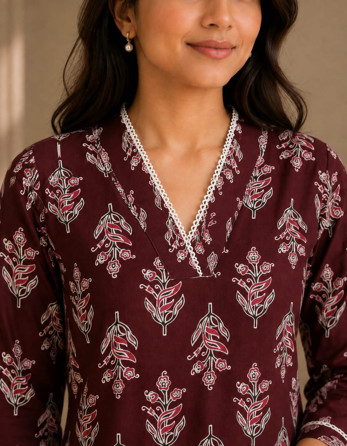 Mehroon Buta Cotton Kurti