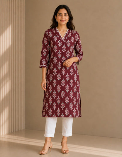 Mehroon Buta Cotton Kurti