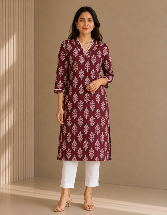 Mehroon Buta Cotton Kurti