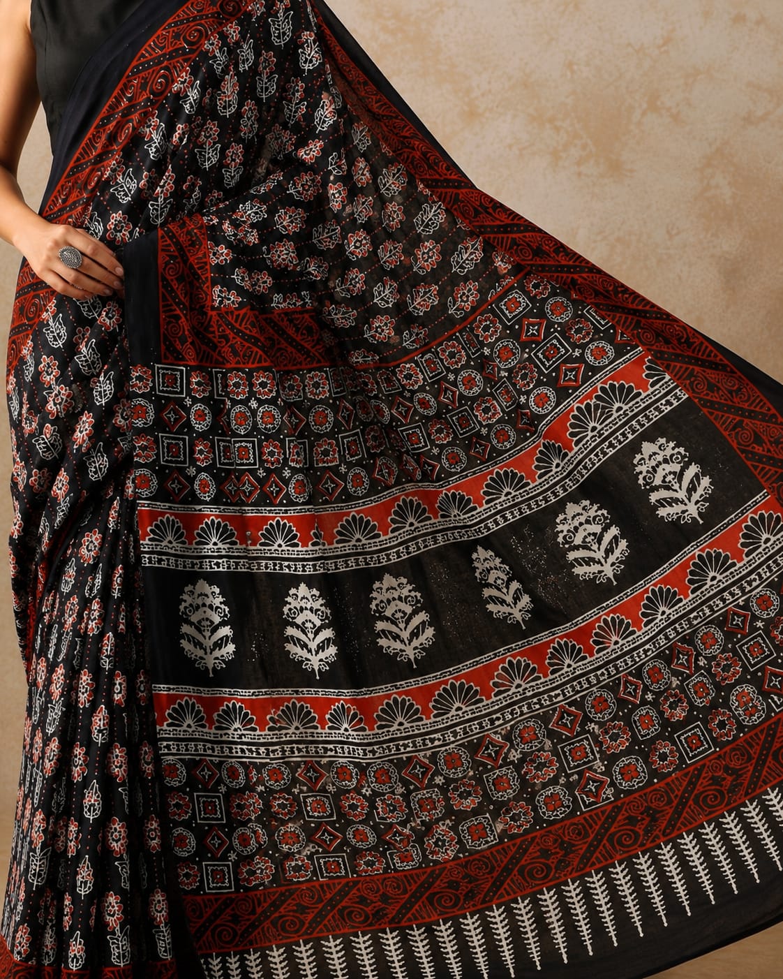 Midnight Bagru Mulmul Saree