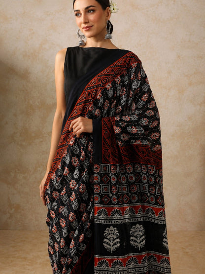 Midnight Bagru Mulmul Saree