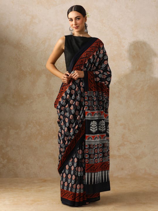 Midnight Bagru Mulmul Saree