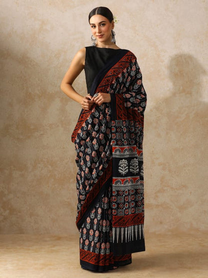 Midnight Bagru Mulmul Saree