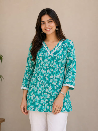 Mint Blossom Cotton Short Kurti