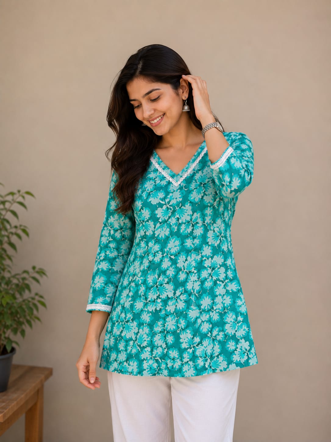 Mint Blossom Cotton Short Kurti