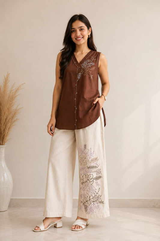 Mocha Bloom Embroidered Co-ord Set
