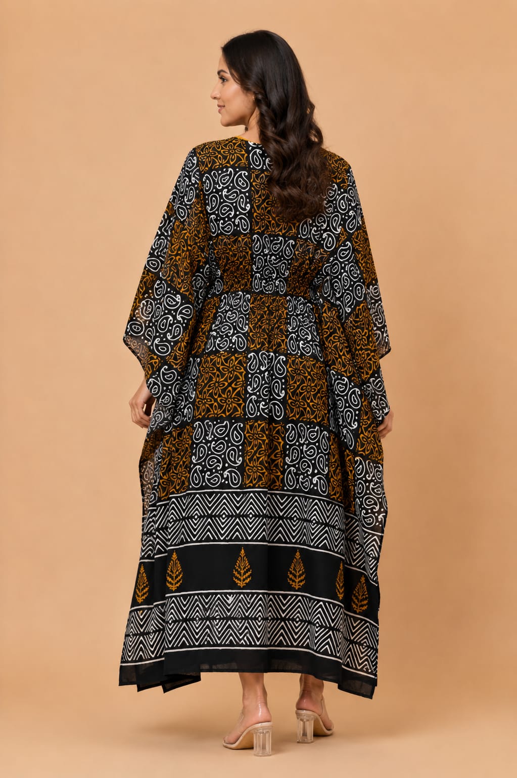 Mustard & Black Paisley Print Cotton Kaftan