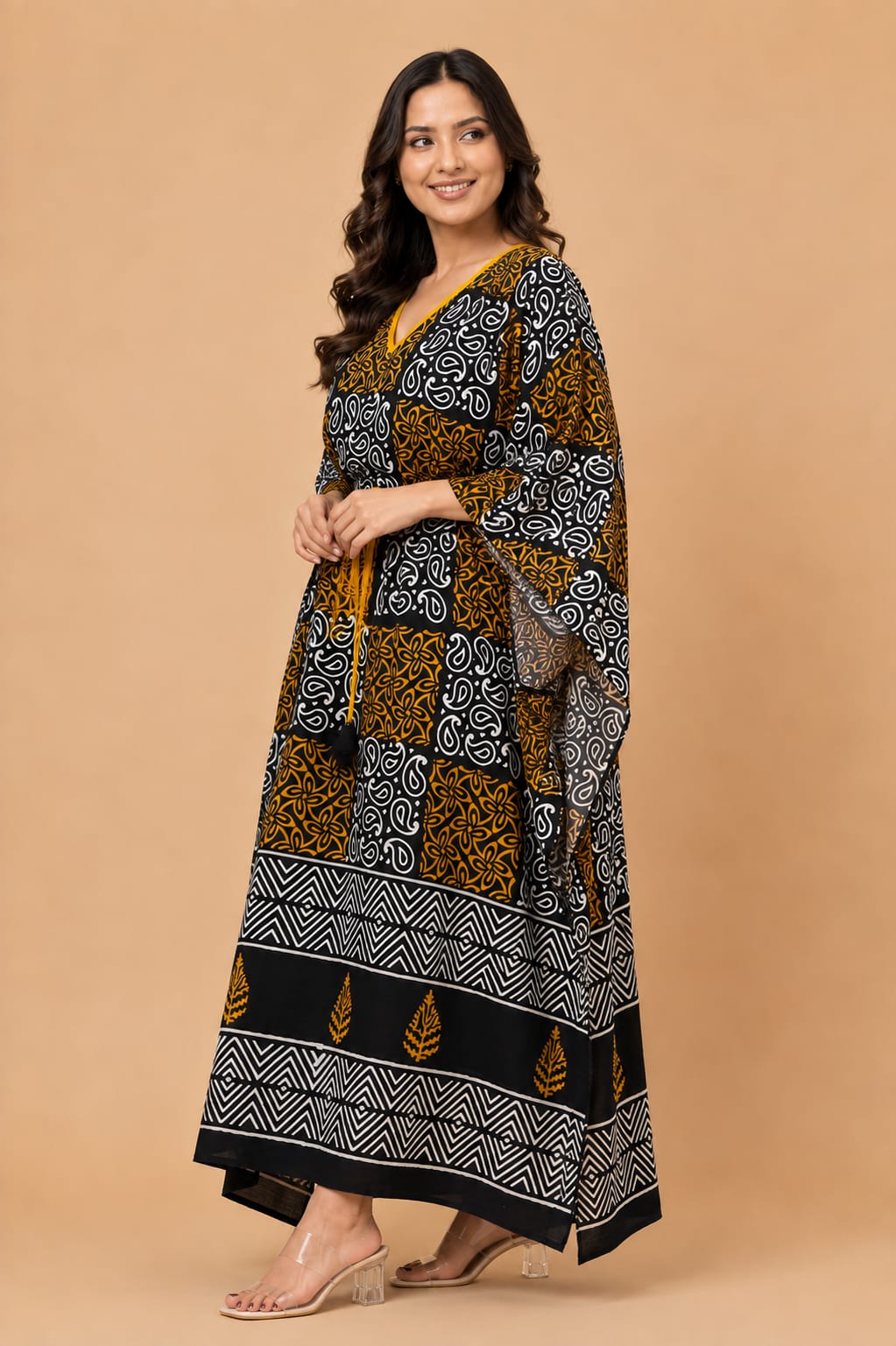 Mustard & Black Paisley Print Cotton Kaftan