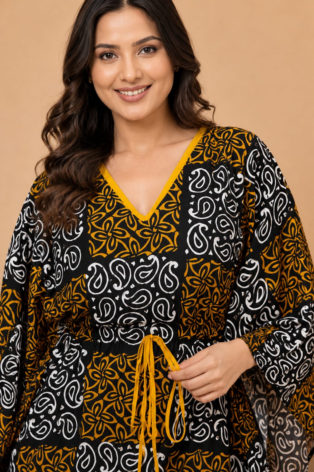 Mustard & Black Paisley Print Cotton Kaftan
