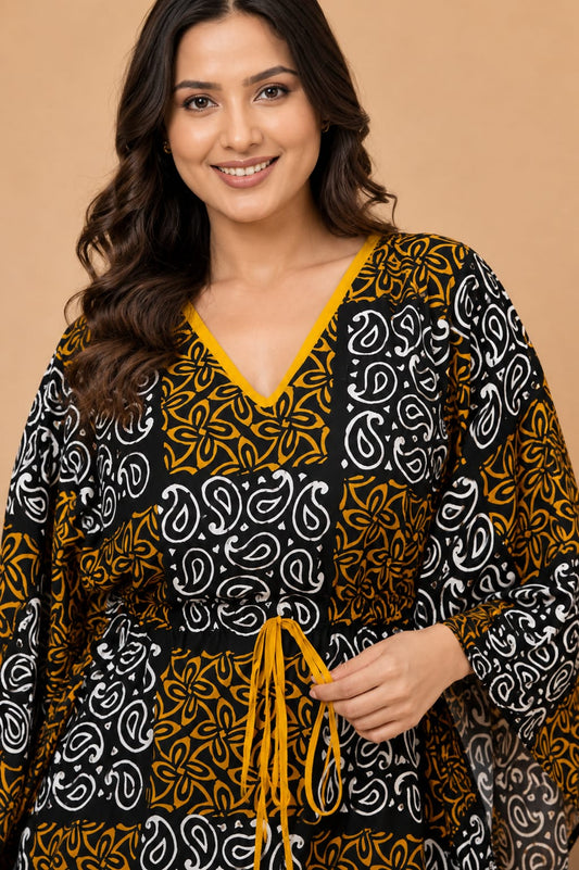 Mustard & Black Paisley Print Cotton Kaftan