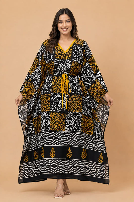 Mustard & Black Paisley Print Cotton Kaftan