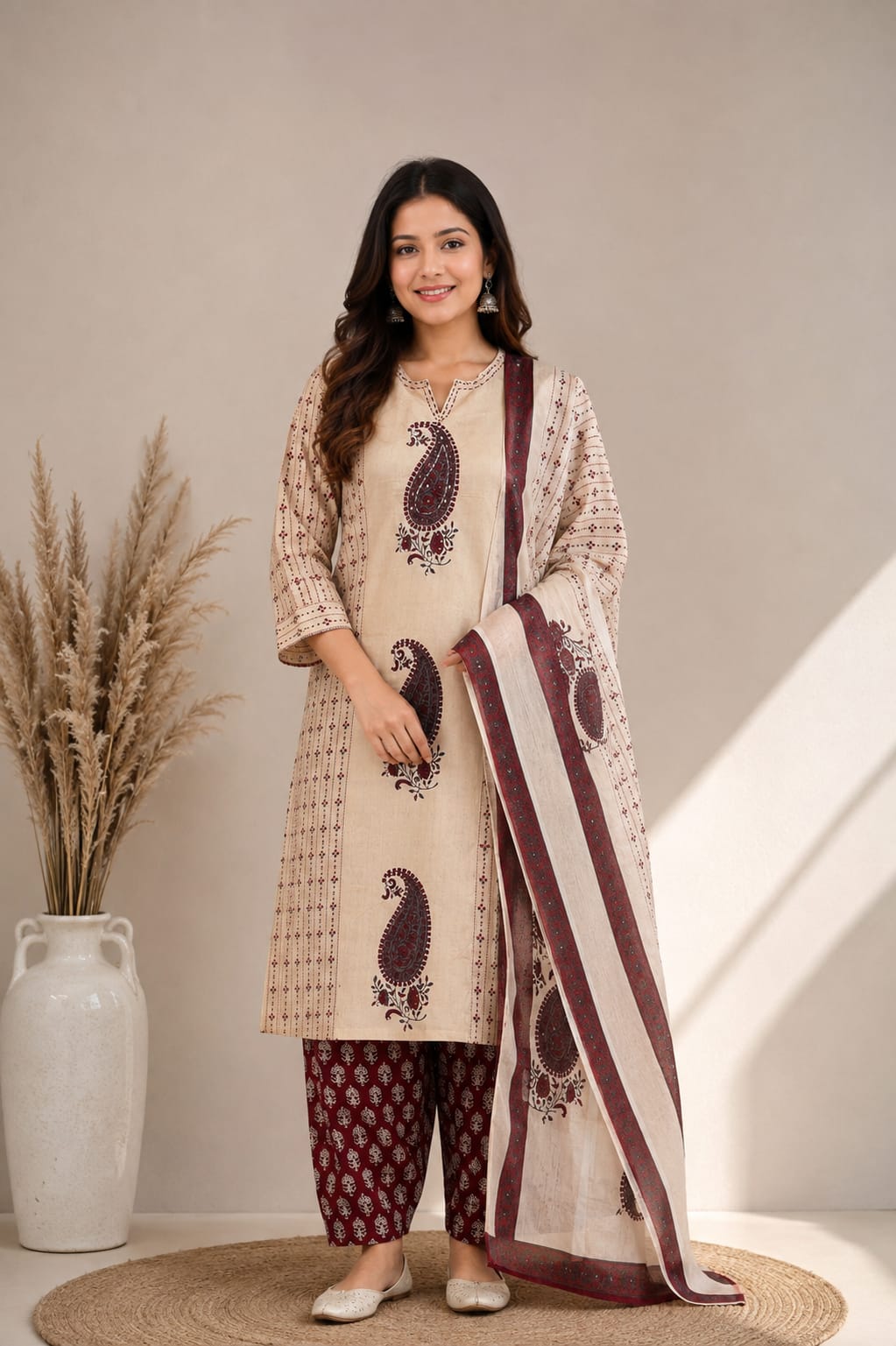 Noor Handwork Pure Cotton Kurta Pant Dupatta Set