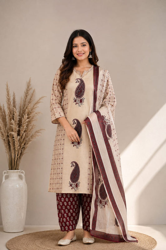 Noor Handwork Pure Cotton Kurta Pant Dupatta Set