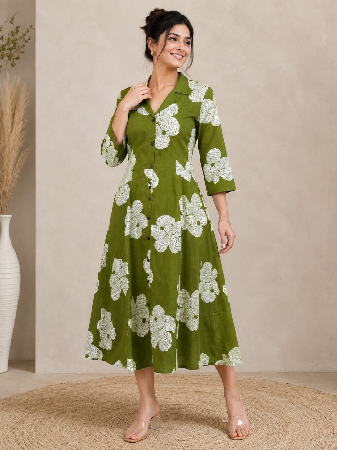 Olive Bloom Cotton Midi Dress
