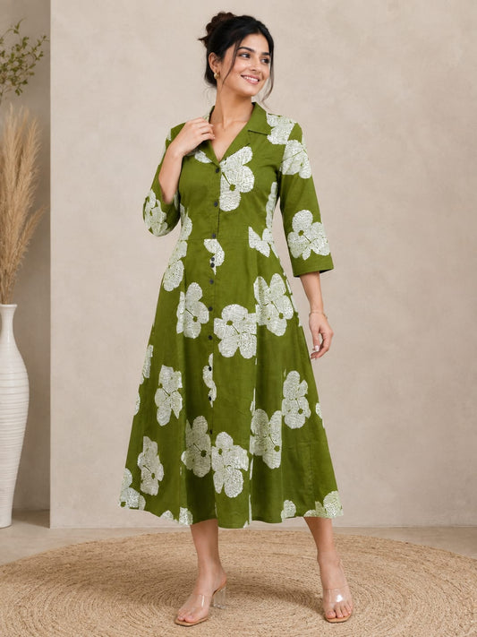 Olive Bloom Cotton Midi Dress