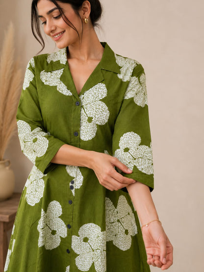 Olive Bloom Cotton Midi Dress