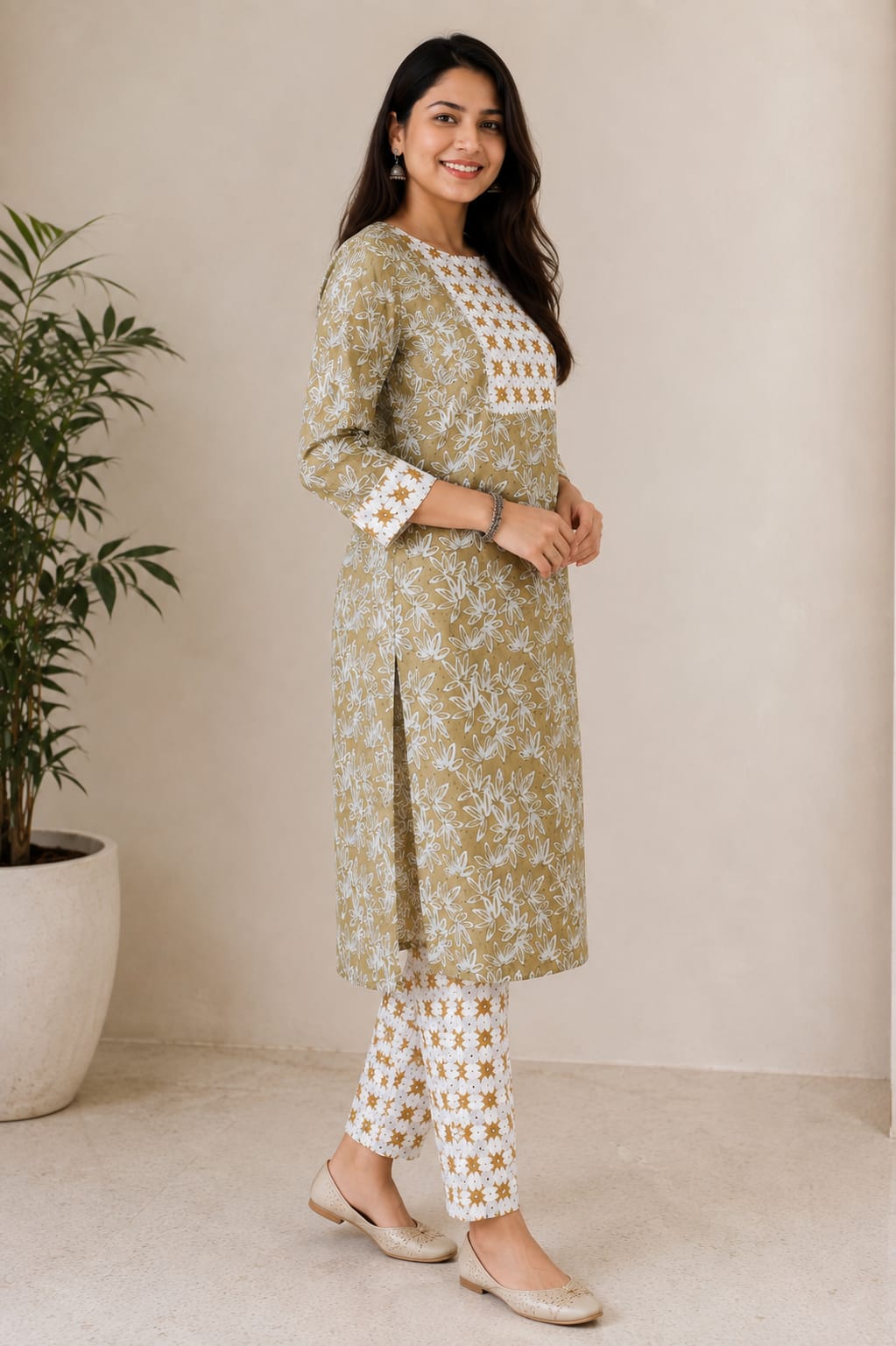 Olive Floral Hand Block Printed Cotton Kurti Pant Set