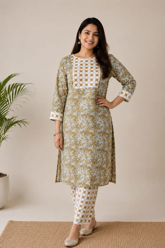 Olive Floral Hand Block Printed Cotton Kurti Pant Set
