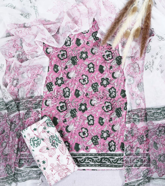 Pink Floral Cotton Suit with Chiffon Dupatta