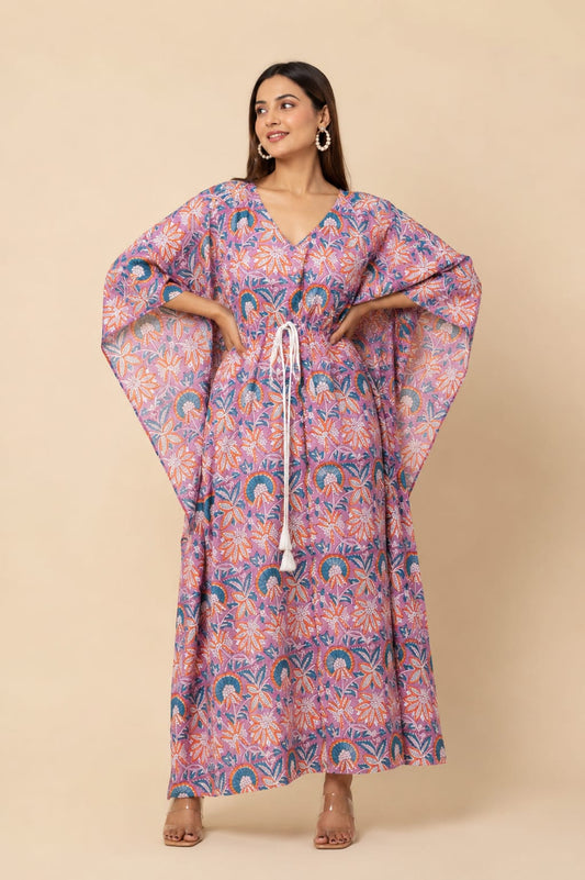 Pink Floral Printed Cotton Kaftan