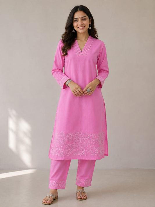Pink Bloom Cotton Kurta Pant Set