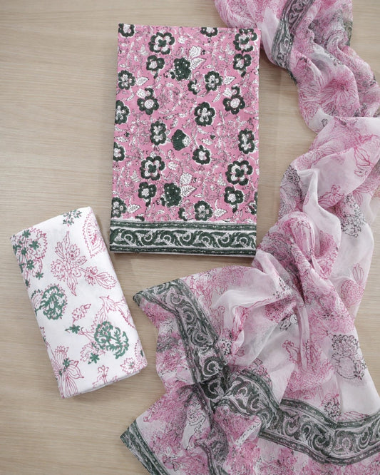 Pink Floral Cotton Suit with Chiffon Dupatta