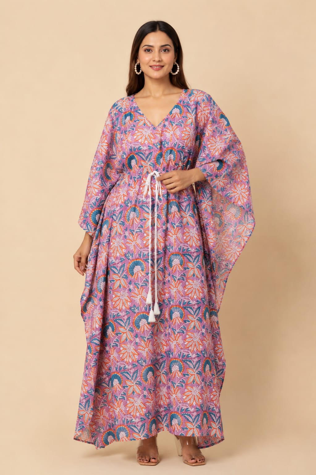 Pink Floral Printed Cotton Kaftan