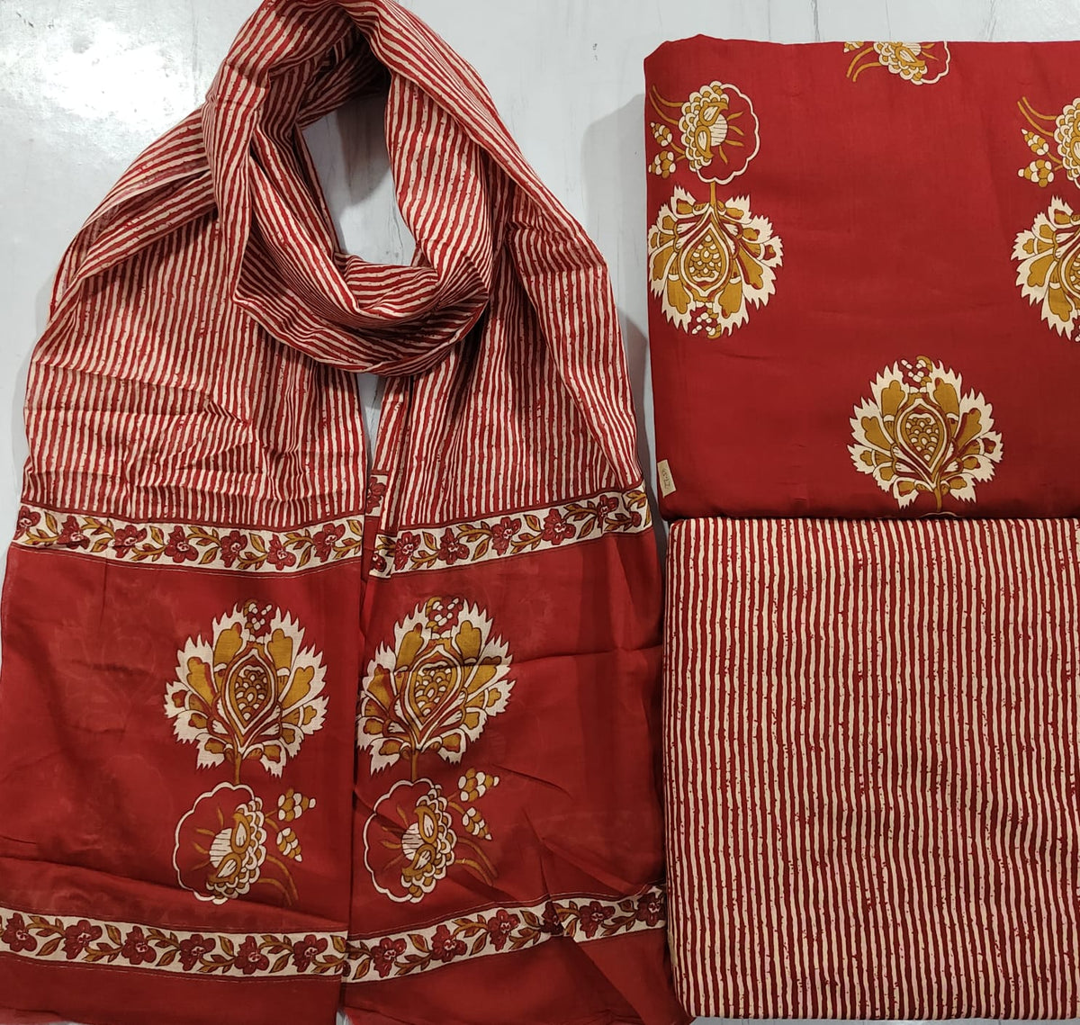 Rajasthani Red Floral Block Print Cotton Suit Set