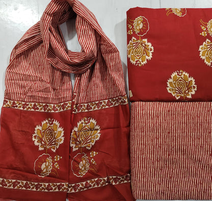 Rajasthani Red Floral Block Print Cotton Suit Set