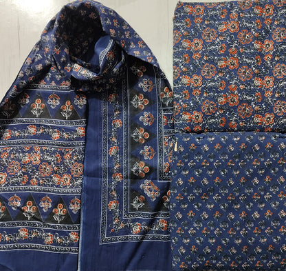 Royal Blue Floral Block Print Pure Cotton Suit Set