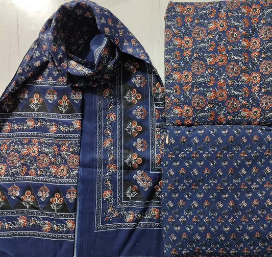 Royal Blue Floral Block Print Pure Cotton Suit Set
