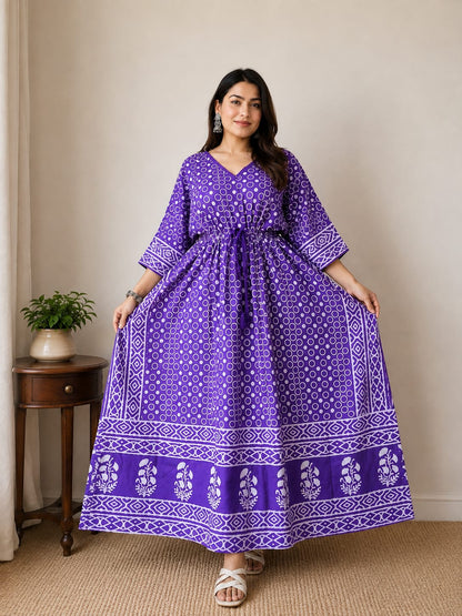 Royal Violet Hand Block Cotton Kaftan