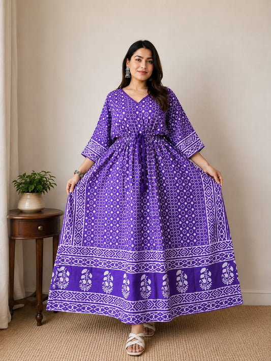 Royal Violet Hand Block Cotton Kaftan