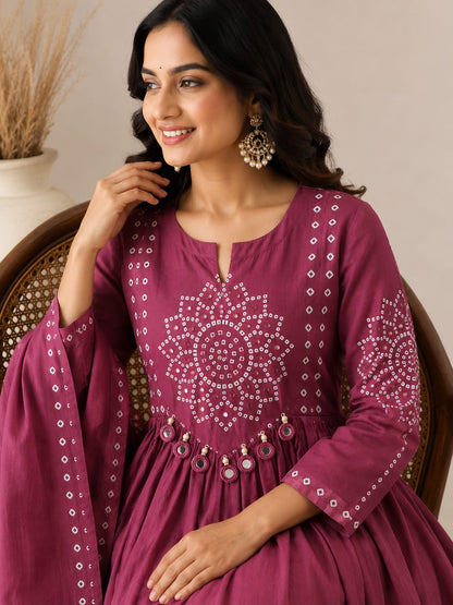 Royal Wine Mirror Bloom Cotton Anarkali Suit Set